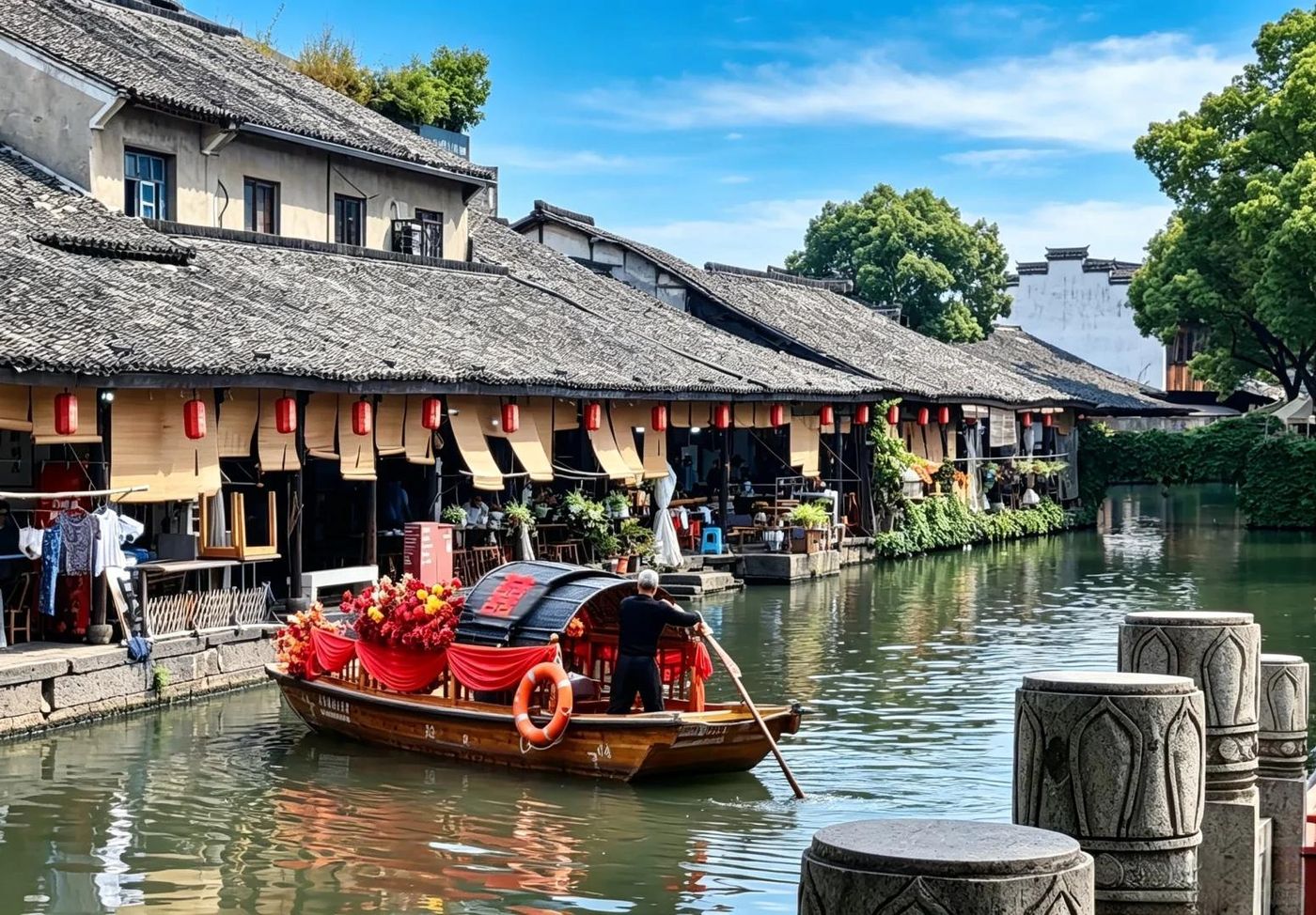 Wupeng boats on the canal in Anchang Ancient Town, Shaoxing